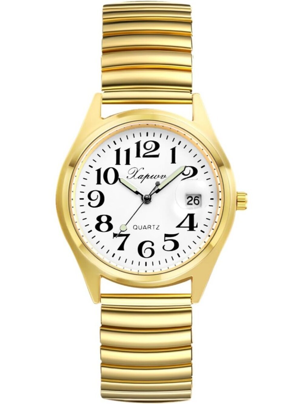 Womens Gold Analog Quartz Luminous Easy Reader Stretch Band Calendar Wrist Watch